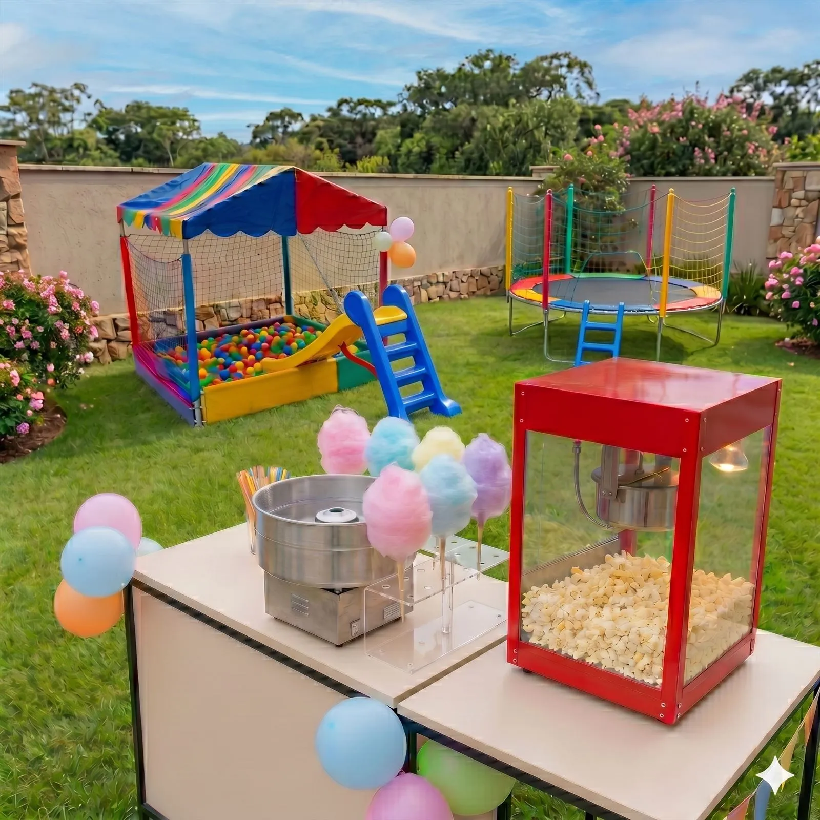 Combo de brinquedos: piscina de bolinhas, cama elástica, algodão doce e pipoca